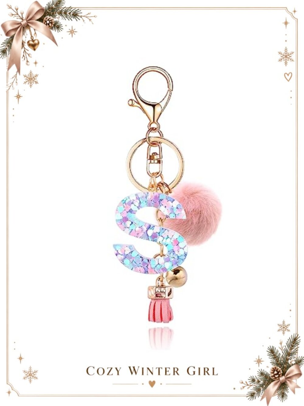 Resin Initial Letter Keychain with Faux Rabbit Fur Pom & Tassel for Keys Purse